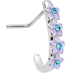 20 Gauge 3/16 Blue Gem Bouquet Flowers Faux Hoop L Shaped Nose Ring