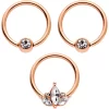 14 Gauge 0.51 Inch Clear CZ Rose Gold Tone Crest BCR Captive Ring Set Of 3