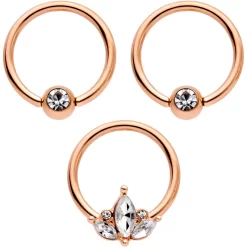 14 Gauge 0.51 Inch Clear CZ Rose Gold Tone Crest BCR Captive Ring Set Of 3