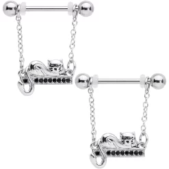 Gaby 14 Gauge 5/8 Black Gem Nap Cat Dangle Nipple Ring Set