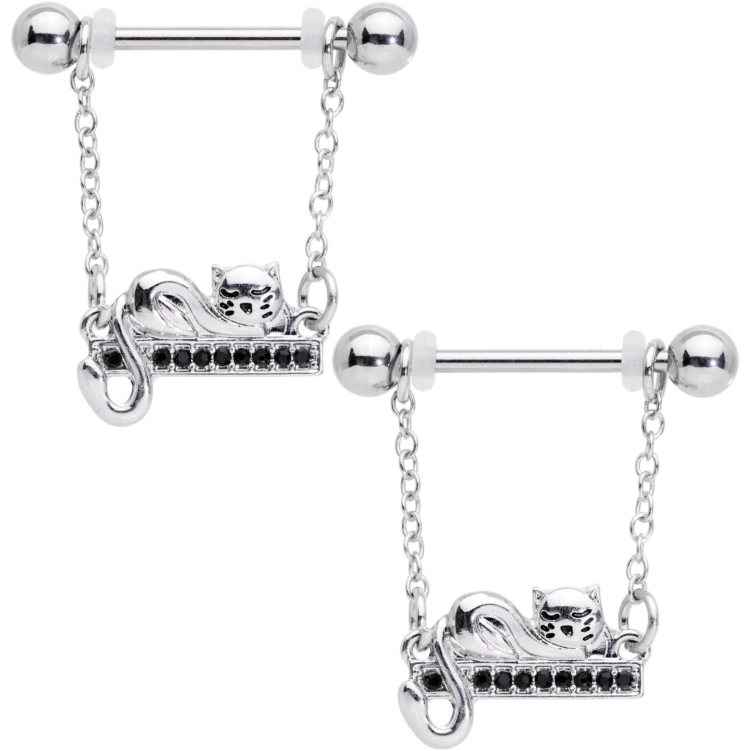 Gaby 14 Gauge 5/8 Black Gem Nap Cat Dangle Nipple Ring Set 1 Gaby 14 Gauge 5/8 Black Gem Nap Cat Dangle Nipple Ring Set