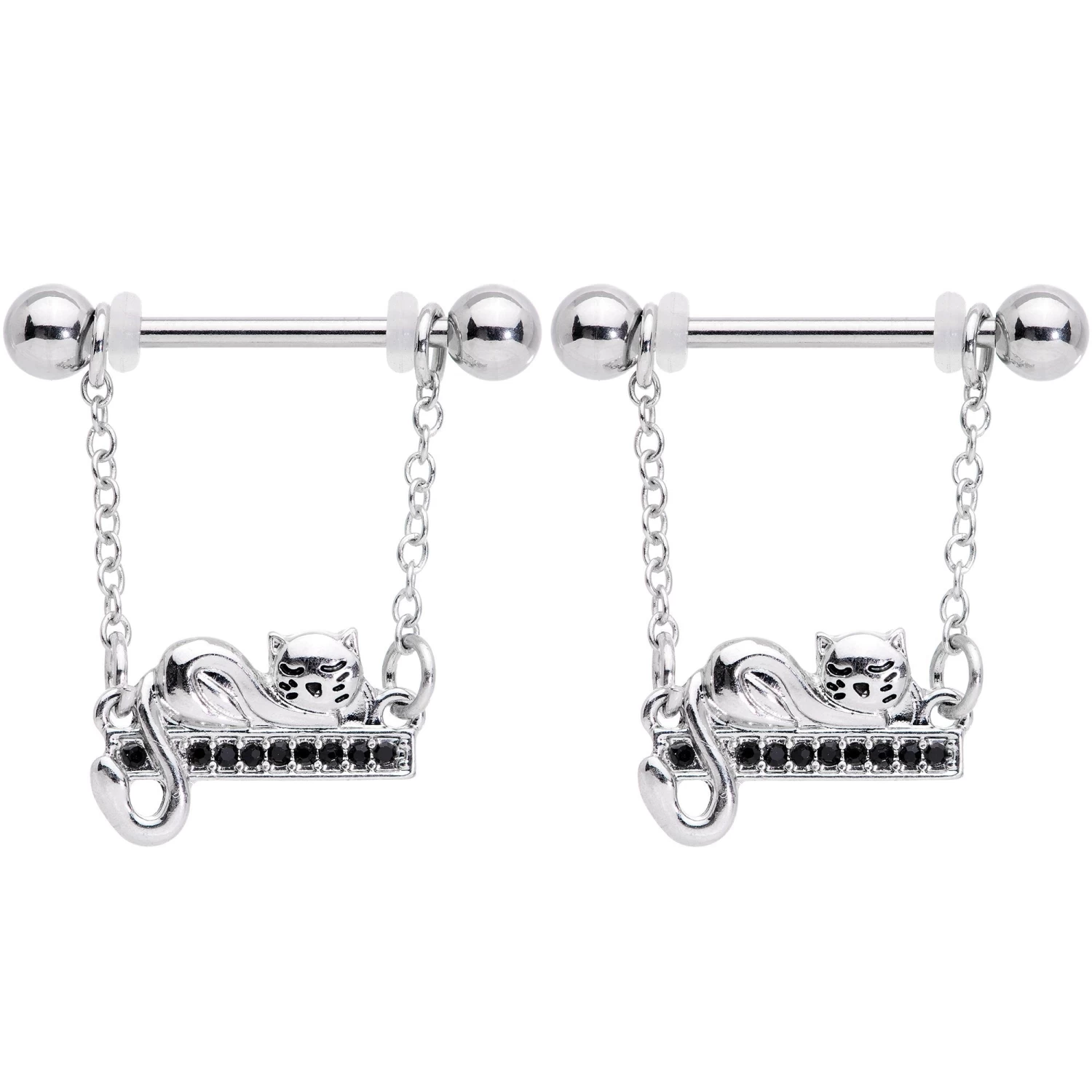 Gaby 14 Gauge 5/8 Black Gem Nap Cat Dangle Nipple Ring Set 2 Gaby 14 Gauge 5/8 Black Gem Nap Cat Dangle Nipple Ring Set - Image 2
