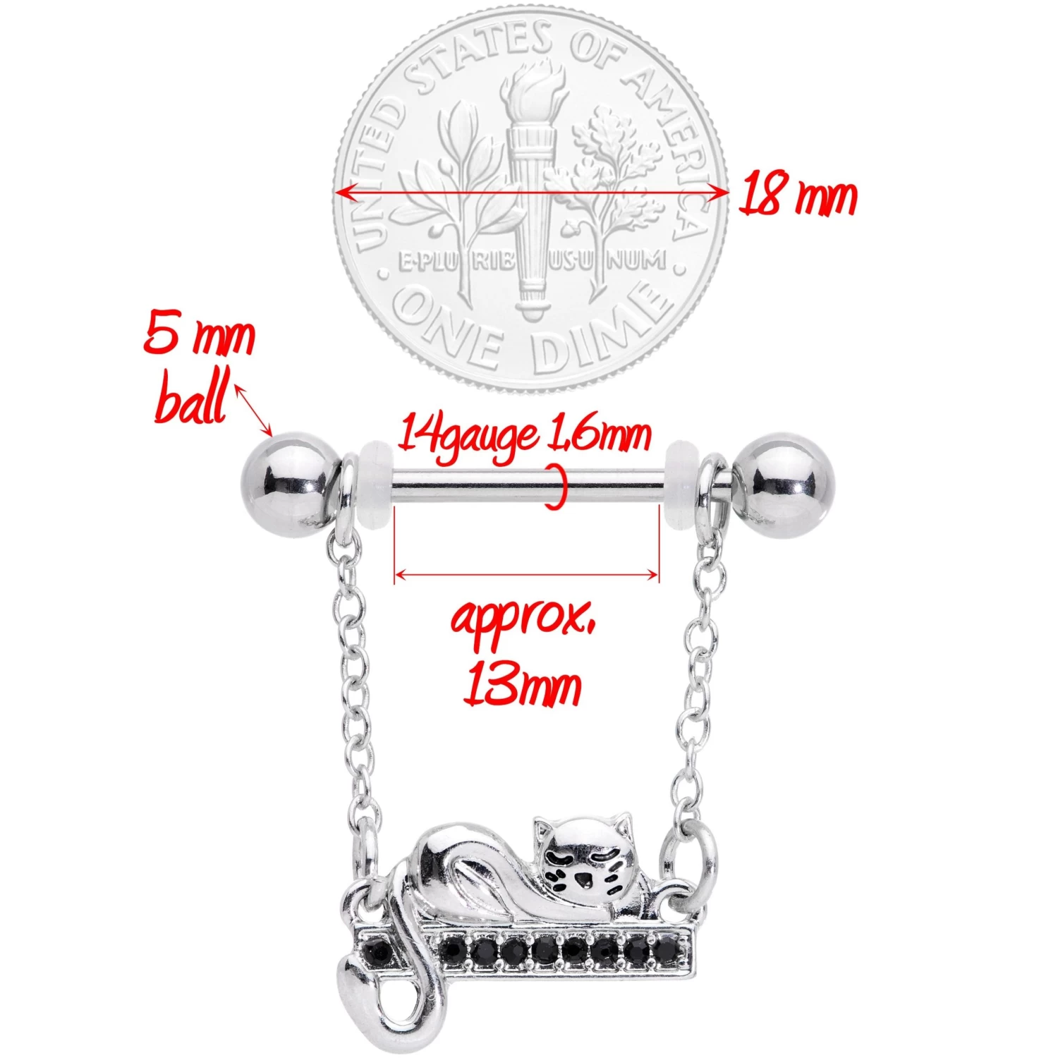 Gaby 14 Gauge 5/8 Black Gem Nap Cat Dangle Nipple Ring Set 3 Gaby 14 Gauge 5/8 Black Gem Nap Cat Dangle Nipple Ring Set - Image 3