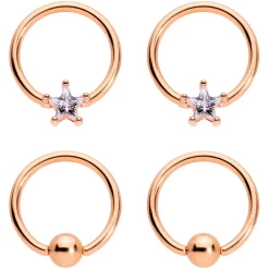 14 Gauge Clear Star CZ Gem Rose Gold Tone Captive Nipple Ring Set Of 4