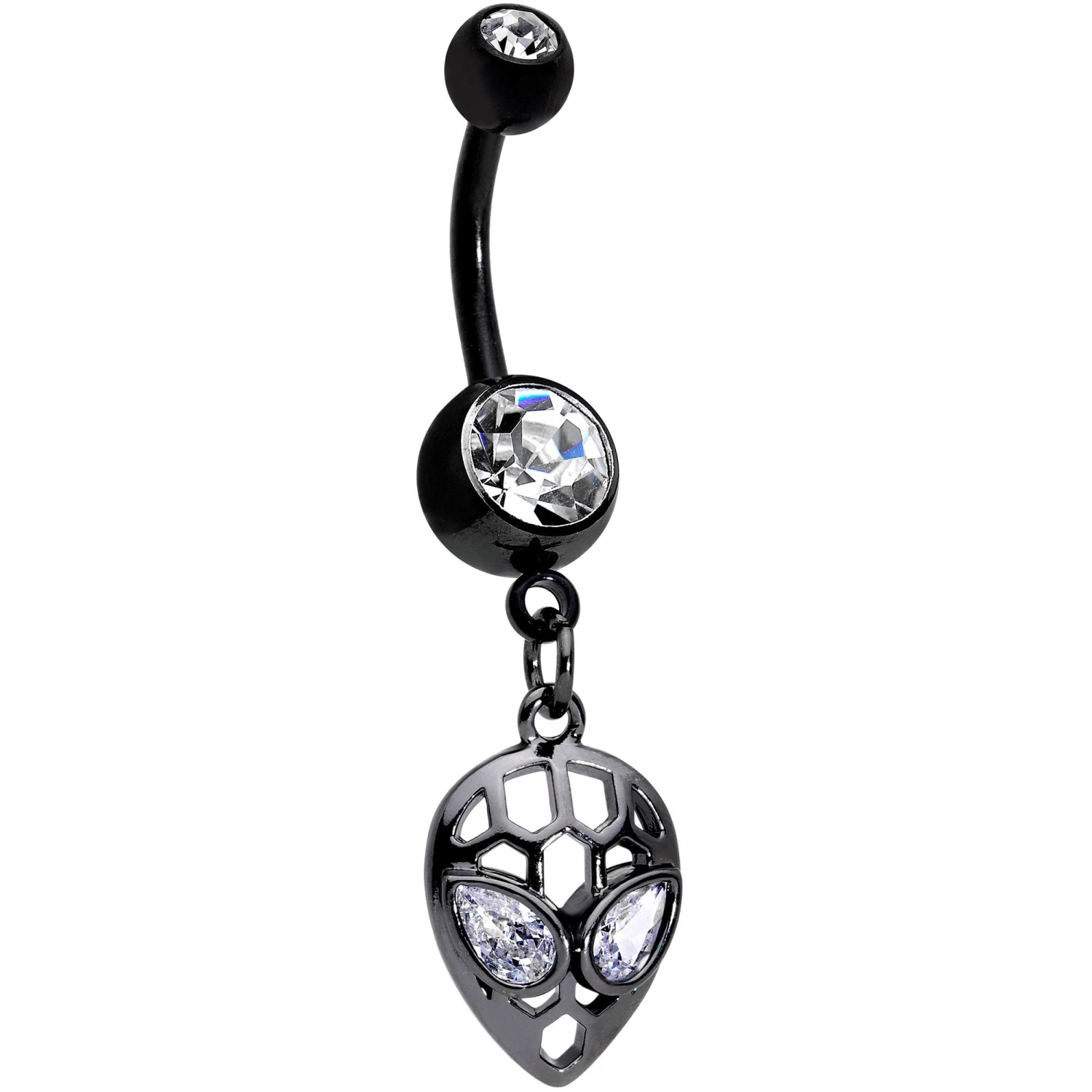 Clear CZ Gem Black Openwork Alien Dangle Belly Ring 1 Clear CZ Gem Black Openwork Alien Dangle Belly Ring