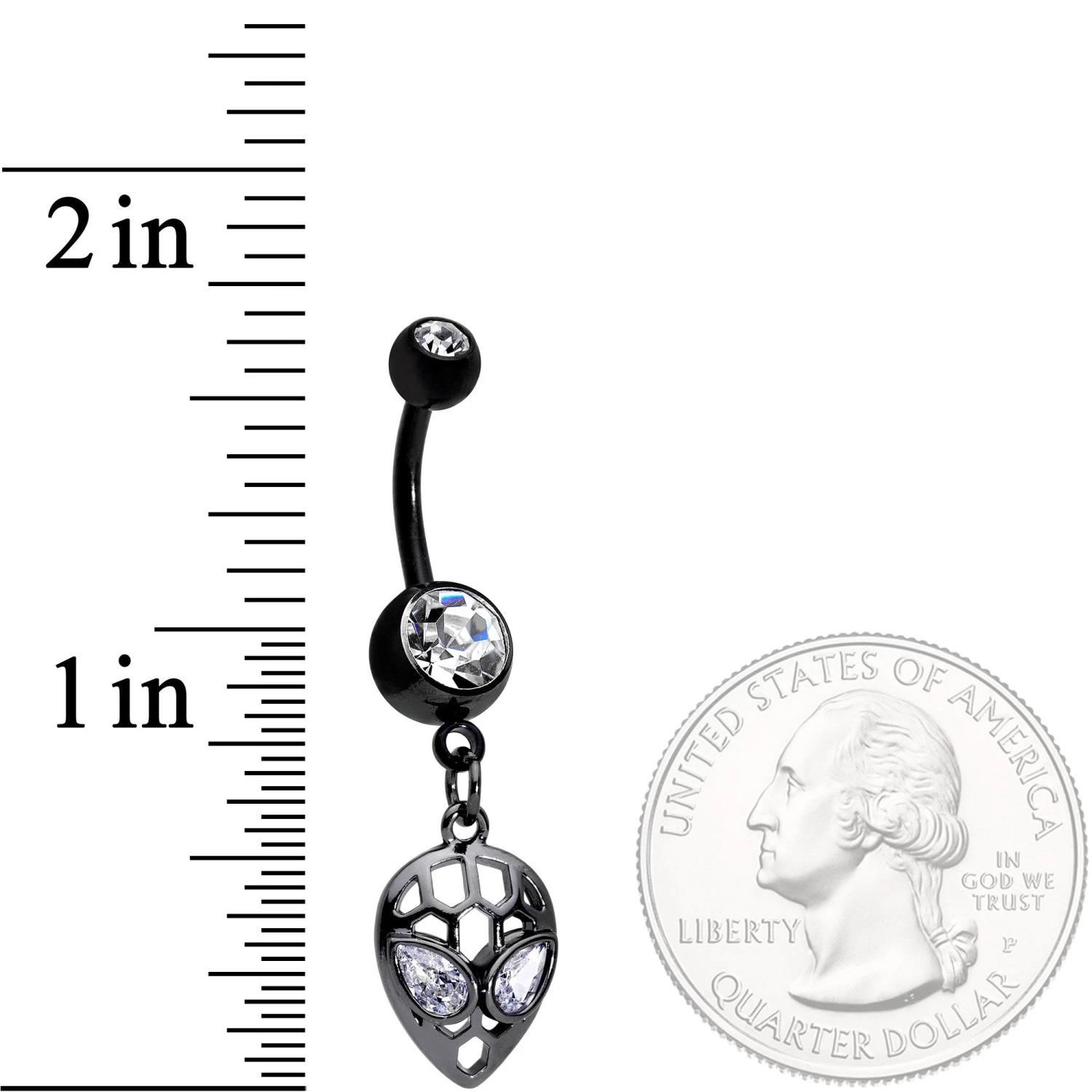 Clear CZ Gem Black Openwork Alien Dangle Belly Ring 2 Clear CZ Gem Black Openwork Alien Dangle Belly Ring - Image 2