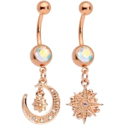 Gaby Aurora Gem Rose Gold Tone Celestial Star Moon Dangle Belly Ring Set