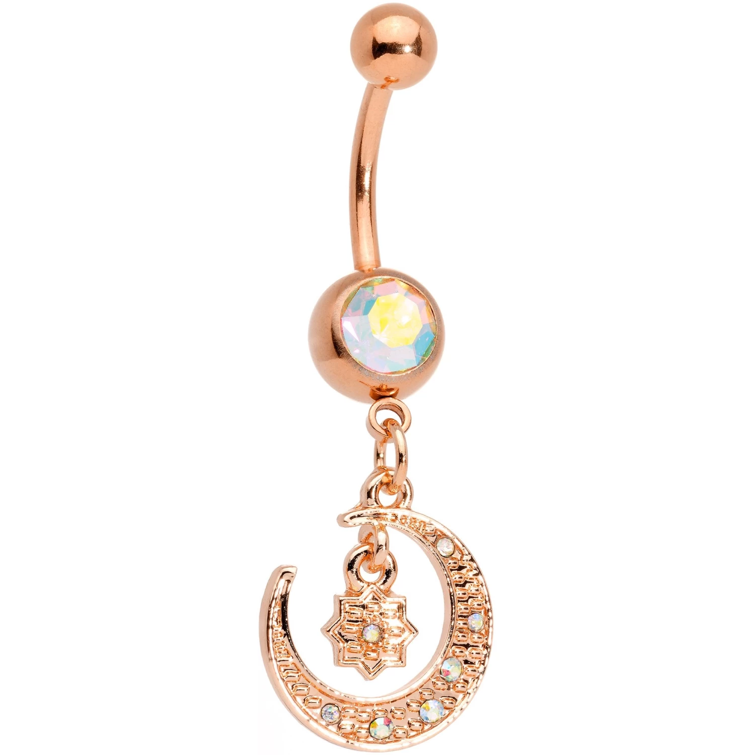 Gaby Aurora Gem Rose Gold Tone Celestial Star Moon Dangle Belly Ring Set 2 Gaby Aurora Gem Rose Gold Tone Celestial Star Moon Dangle Belly Ring Set - Image 2