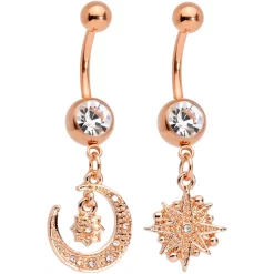 Gaby Clear Gem Rose Gold Tone Celestial Star Moon Dangle Belly Ring Set
