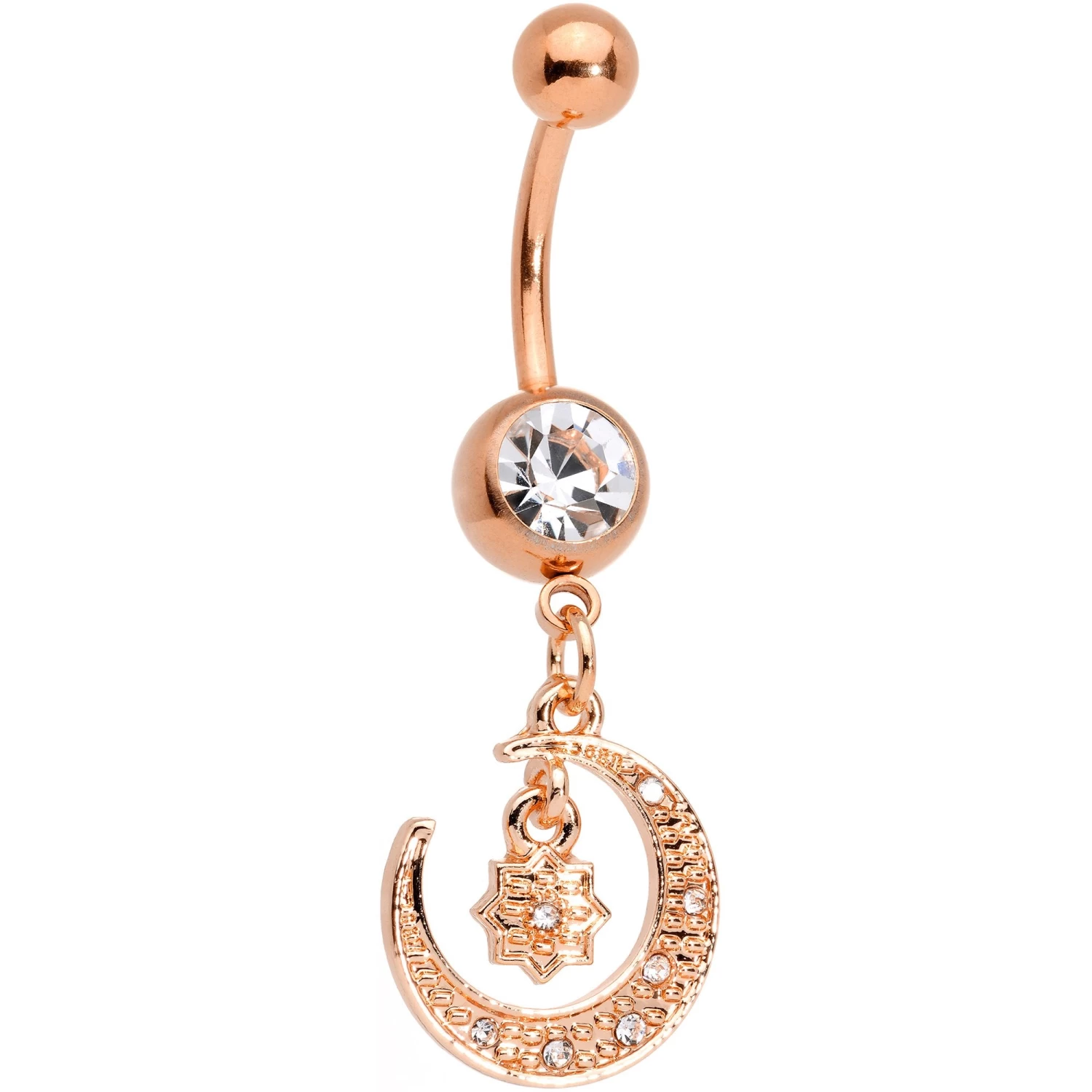 Gaby Clear Gem Rose Gold Tone Celestial Star Moon Dangle Belly Ring Set 2 Gaby Clear Gem Rose Gold Tone Celestial Star Moon Dangle Belly Ring Set - Image 2