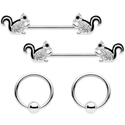 Gaby 14 Gauge Clear Gem Squirrel BCR Barbell Nipple Ring Set Of 4