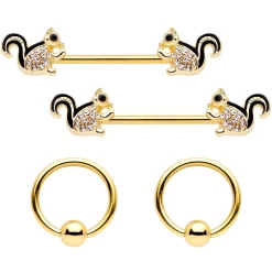 Gaby 14 Gauge Clear Gem Gold Tone Squirrel BCR Barbell Nipple Ring Set Of 4