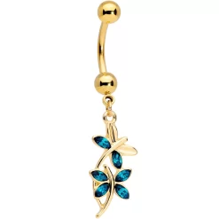 Aqua Gem Gold Tone Dangling Dragonflies Dangle Belly Ring