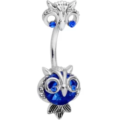 Blue Clear Gem Wide Eyed Owls Double Mount Belly Ring