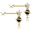 14 Gauge 9/16 Clear CZ Gem Gold Tone Saturn Barbell Nipple Ring Set