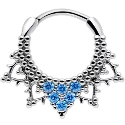 16 Gauge 3/8 Aqua CZ Gem Triangle Ornate Septum Clicker