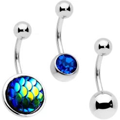 Blue Gem Blue Green Mermaid Scale Belly Ring Set Of 3