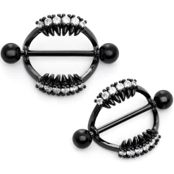 14 Gauge 9/16 Clear CZ Gem Black Scary Fang Halloween Nipple Shield Set