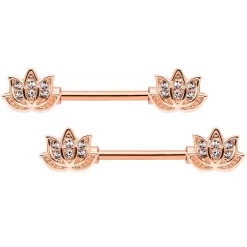 14 Gauge 9/16 Clear Gem Rose Gold Tone Lotus Flower Barbell Nipple Ring Set