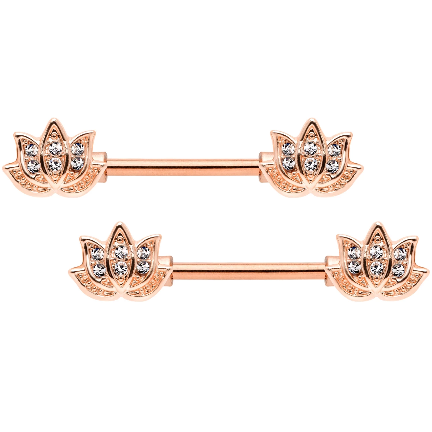 14 Gauge 9/16 Clear Gem Rose Gold Tone Lotus Flower Barbell Nipple Ring Set 1 14 Gauge 9/16 Clear Gem Rose Gold Tone Lotus Flower Barbell Nipple Ring Set