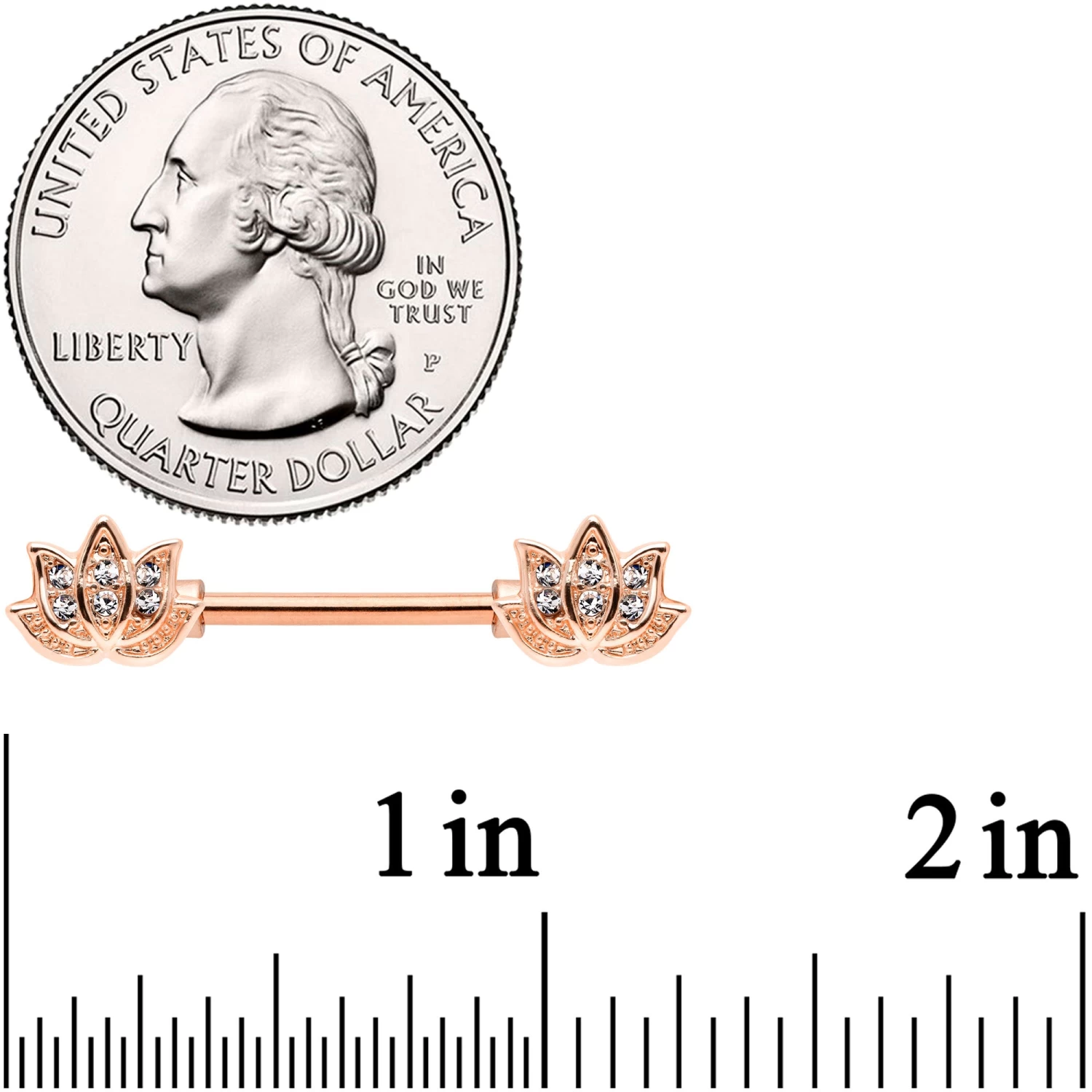 14 Gauge 9/16 Clear Gem Rose Gold Tone Lotus Flower Barbell Nipple Ring Set 2 14 Gauge 9/16 Clear Gem Rose Gold Tone Lotus Flower Barbell Nipple Ring Set - Image 2