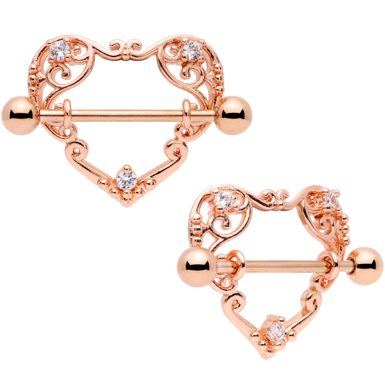 14 Gauge 9/16 Clear CZ Gem Rose Gold Tone Open Heart Nipple Shield Set 1 14 Gauge 9/16 Clear CZ Gem Rose Gold Tone Open Heart Nipple Shield Set