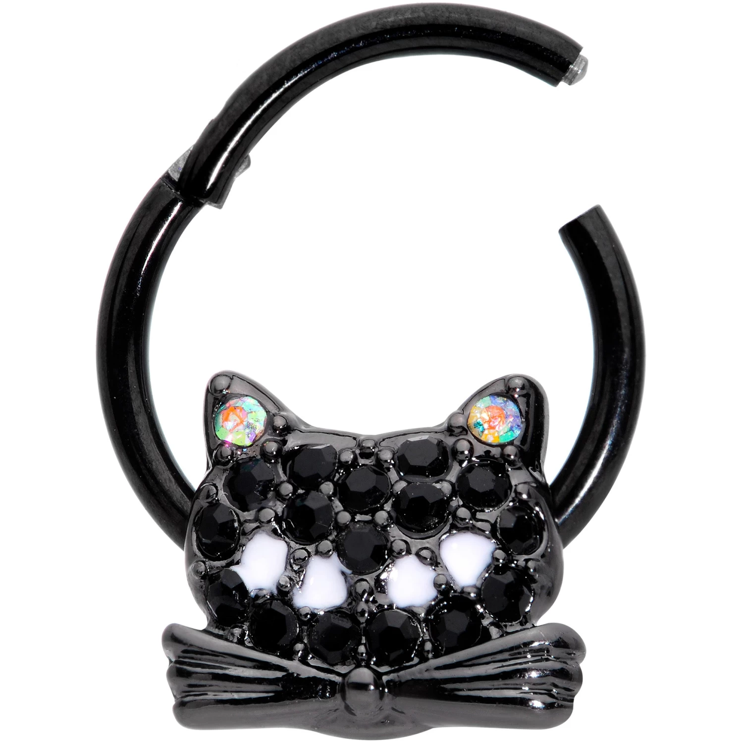 16 Gauge 3/8 Black Aurora Gem Black Cat Hinged Segment Ring 2 16 Gauge 3/8 Black Aurora Gem Black Cat Hinged Segment Ring - Image 2