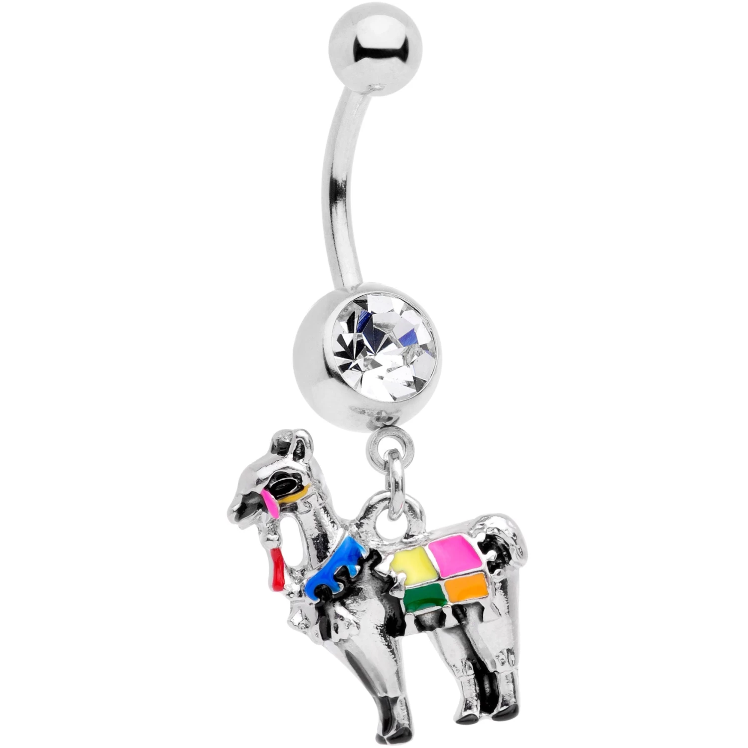 Clear CZ Gem Colorful Drama Llama Dangle Belly Ring 1 Clear CZ Gem Colorful Drama Llama Dangle Belly Ring