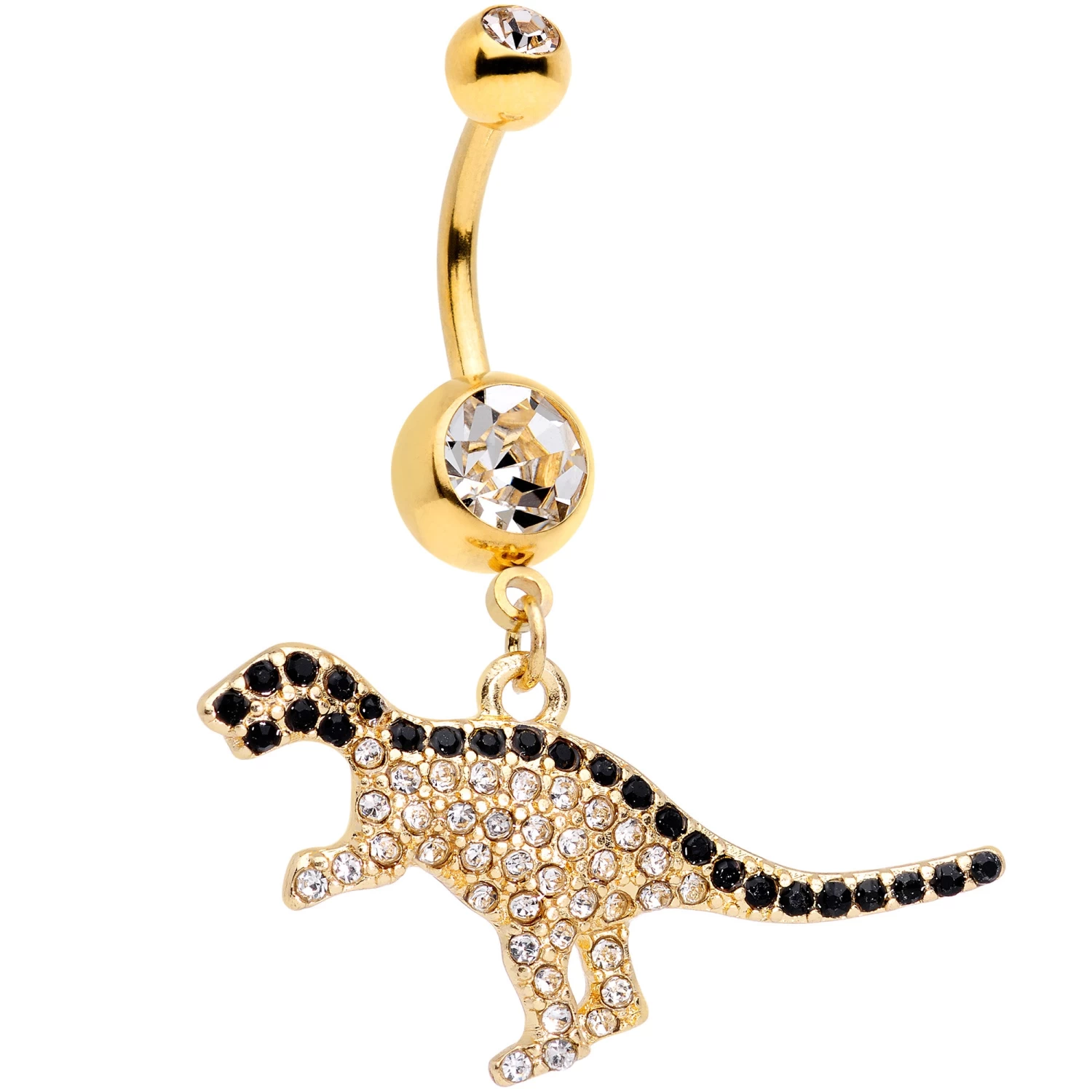 Clear Black Gem Gold Tone Decadent Dinosaur Dangle Belly Ring 1 Clear Black Gem Gold Tone Decadent Dinosaur Dangle Belly Ring