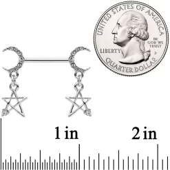 14 Gauge 9/16 Clear Gem Moon Star Dangle Barbell Nipple Ring Set -Body Jewelry Store 67041.otherimage2