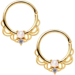 14 Gauge 9/16 White Faux Opal Gold Tone Lacy Nipple Clicker Set