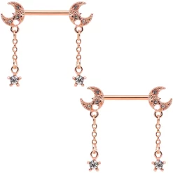 Gaby 14 Gauge 9/16 Clear Gem Rose Gold Tone Moon Barbell Nipple Ring Set