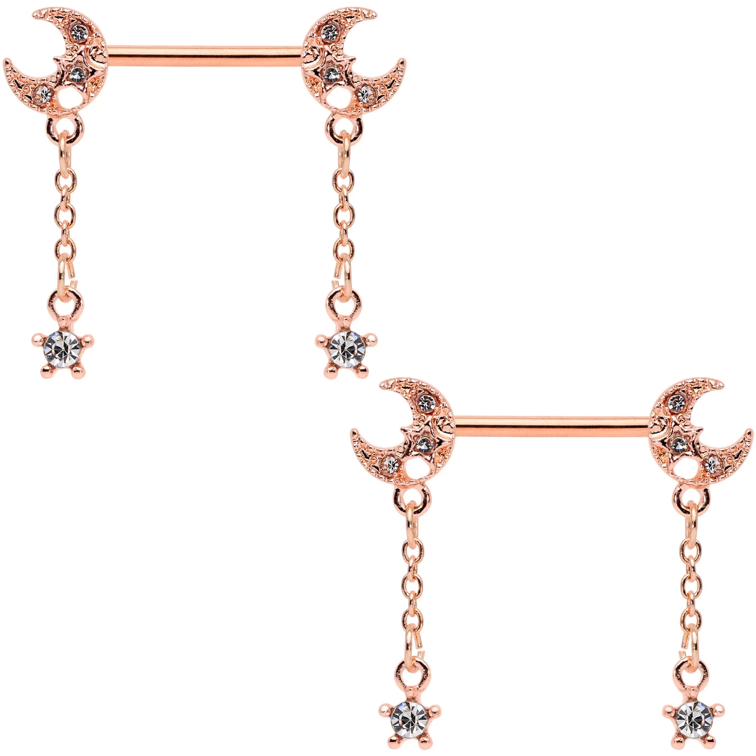 Gaby 14 Gauge 9/16 Clear Gem Rose Gold Tone Moon Barbell Nipple Ring Set 1 Gaby 14 Gauge 9/16 Clear Gem Rose Gold Tone Moon Barbell Nipple Ring Set