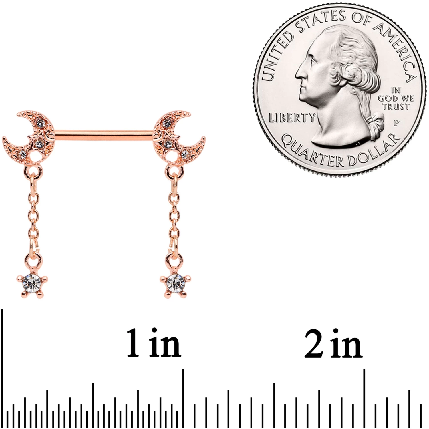 Gaby 14 Gauge 9/16 Clear Gem Rose Gold Tone Moon Barbell Nipple Ring Set 2 Gaby 14 Gauge 9/16 Clear Gem Rose Gold Tone Moon Barbell Nipple Ring Set - Image 2