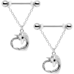 Gaby 14 Gauge 5/8 Clear Gem Unicorn Heart Dangle Barbell Nipple Ring Set