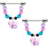Gaby 14 Gauge 5/8 Pink Blue Purple Gem Butterfly Dangle Barbell Nipple Ring Set
