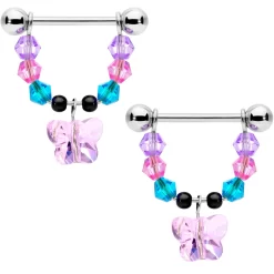 Gaby 14 Gauge 5/8 Pink Blue Purple Gem Butterfly Dangle Barbell Nipple Ring Set