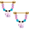 Gaby 14 Gauge 5/8 Pink Blue Gem Gold Tone Butterfly Dangle Barbell Nipple Ring Set