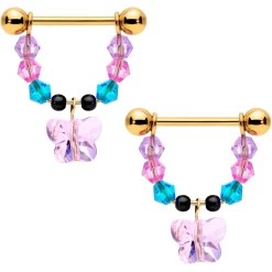 Gaby 14 Gauge 5/8 Pink Blue Gem Gold Tone Butterfly Dangle Barbell Nipple Ring Set