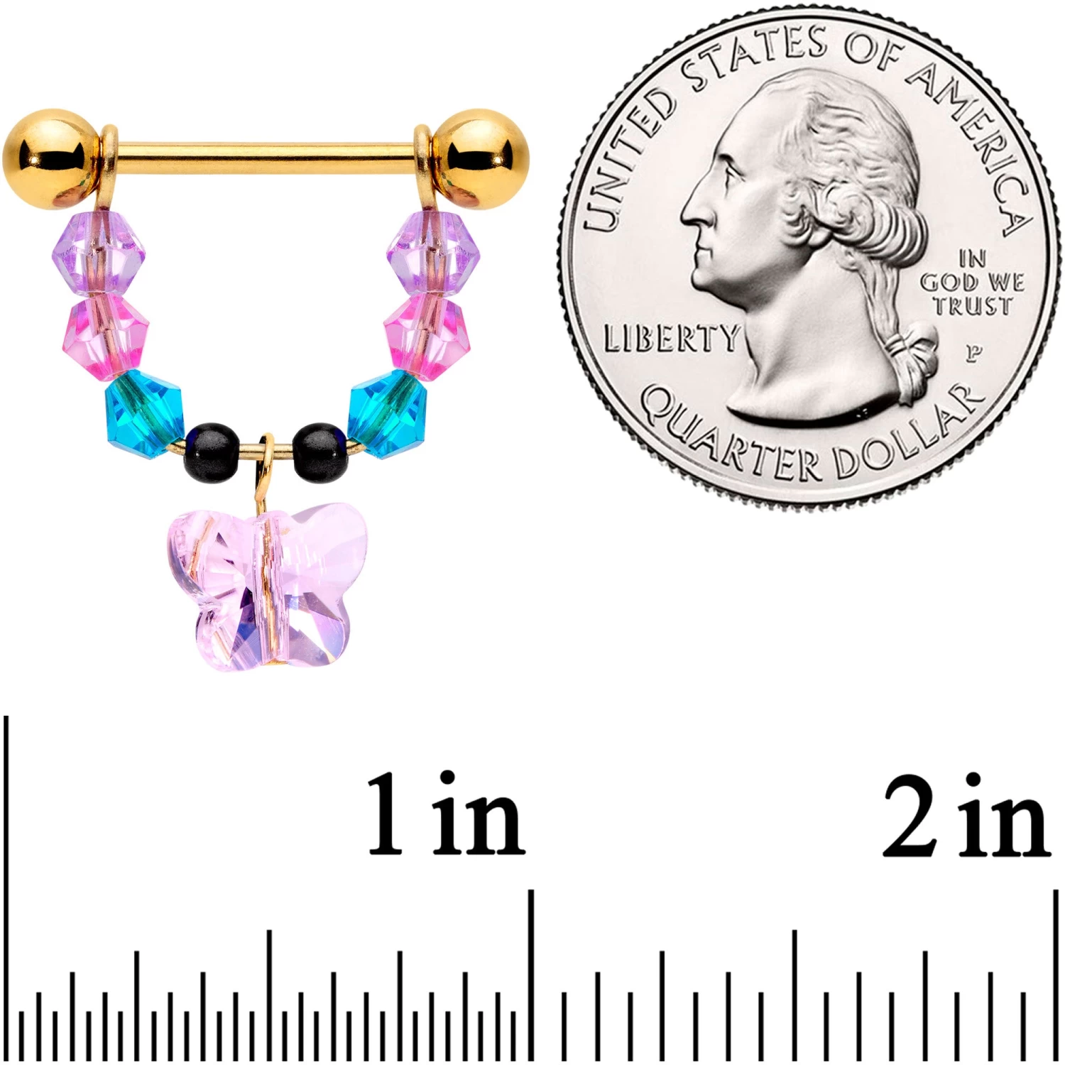 Gaby 14 Gauge 5/8 Pink Blue Gem Gold Tone Butterfly Dangle Barbell Nipple Ring Set 2 Gaby 14 Gauge 5/8 Pink Blue Gem Gold Tone Butterfly Dangle Barbell Nipple Ring Set - Image 2