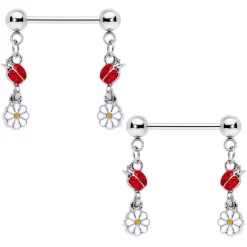 Gaby 14 Gauge 5/8 Red White Ladybug Flower Dangle Barbell Nipple Ring Set