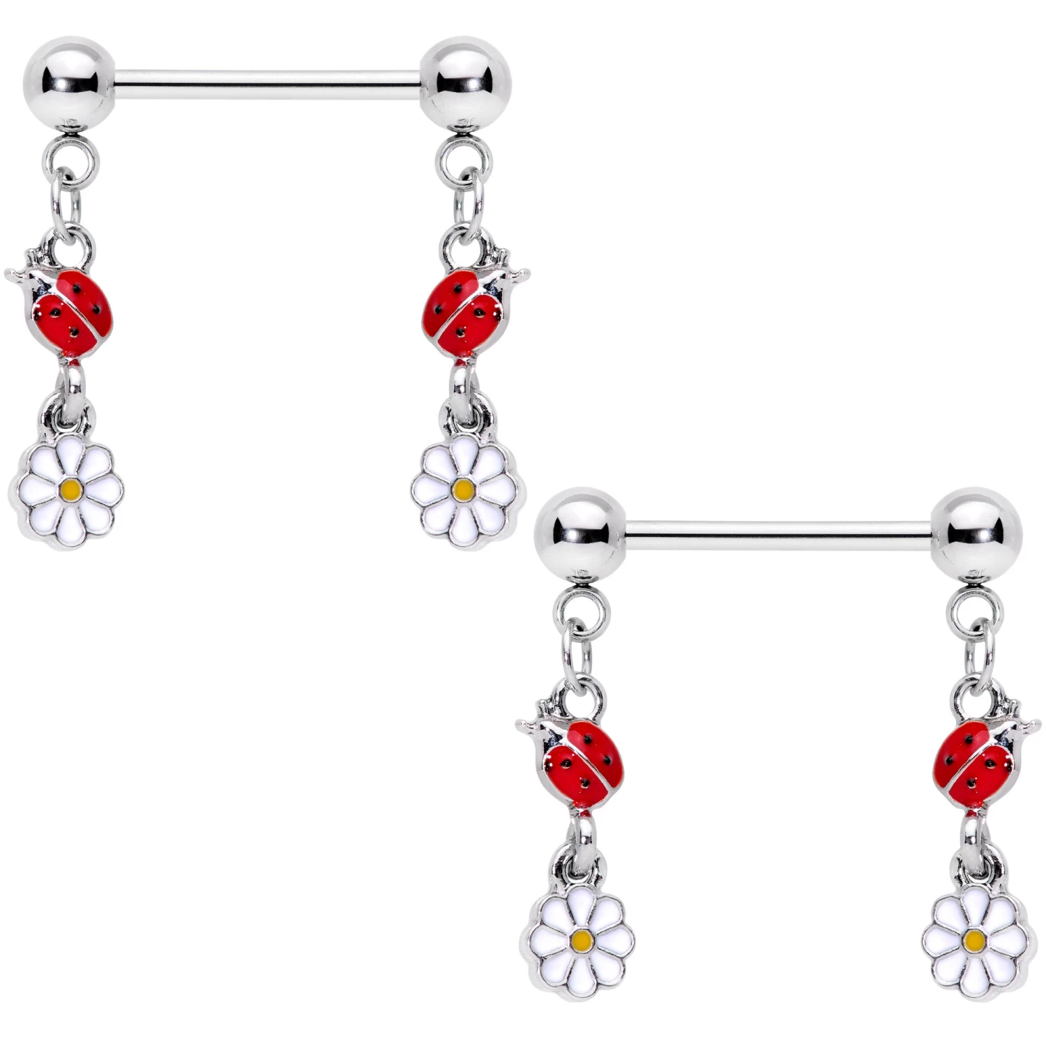 Gaby 14 Gauge 5/8 Red White Ladybug Flower Dangle Barbell Nipple Ring Set 1 Gaby 14 Gauge 5/8 Red White Ladybug Flower Dangle Barbell Nipple Ring Set