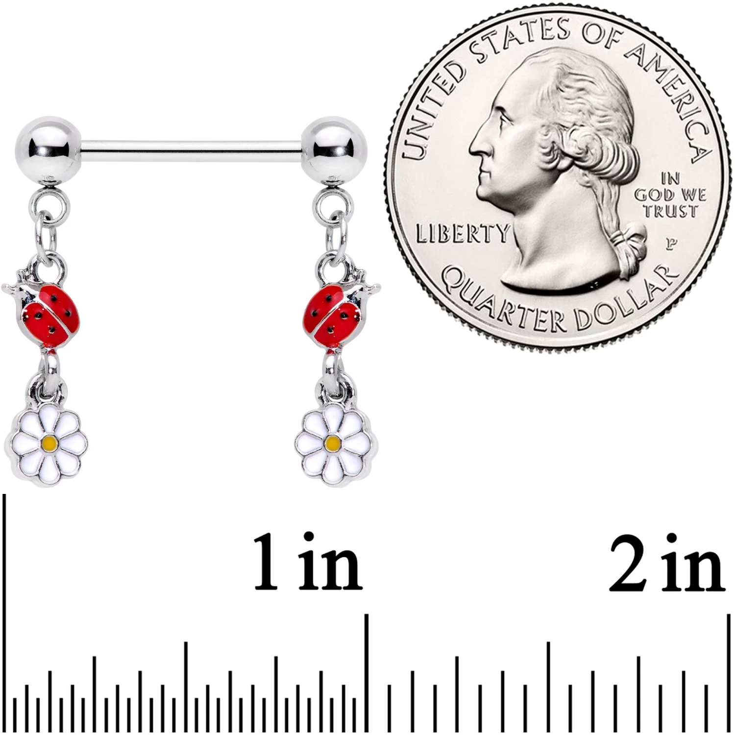 Gaby 14 Gauge 5/8 Red White Ladybug Flower Dangle Barbell Nipple Ring Set 2 Gaby 14 Gauge 5/8 Red White Ladybug Flower Dangle Barbell Nipple Ring Set - Image 2