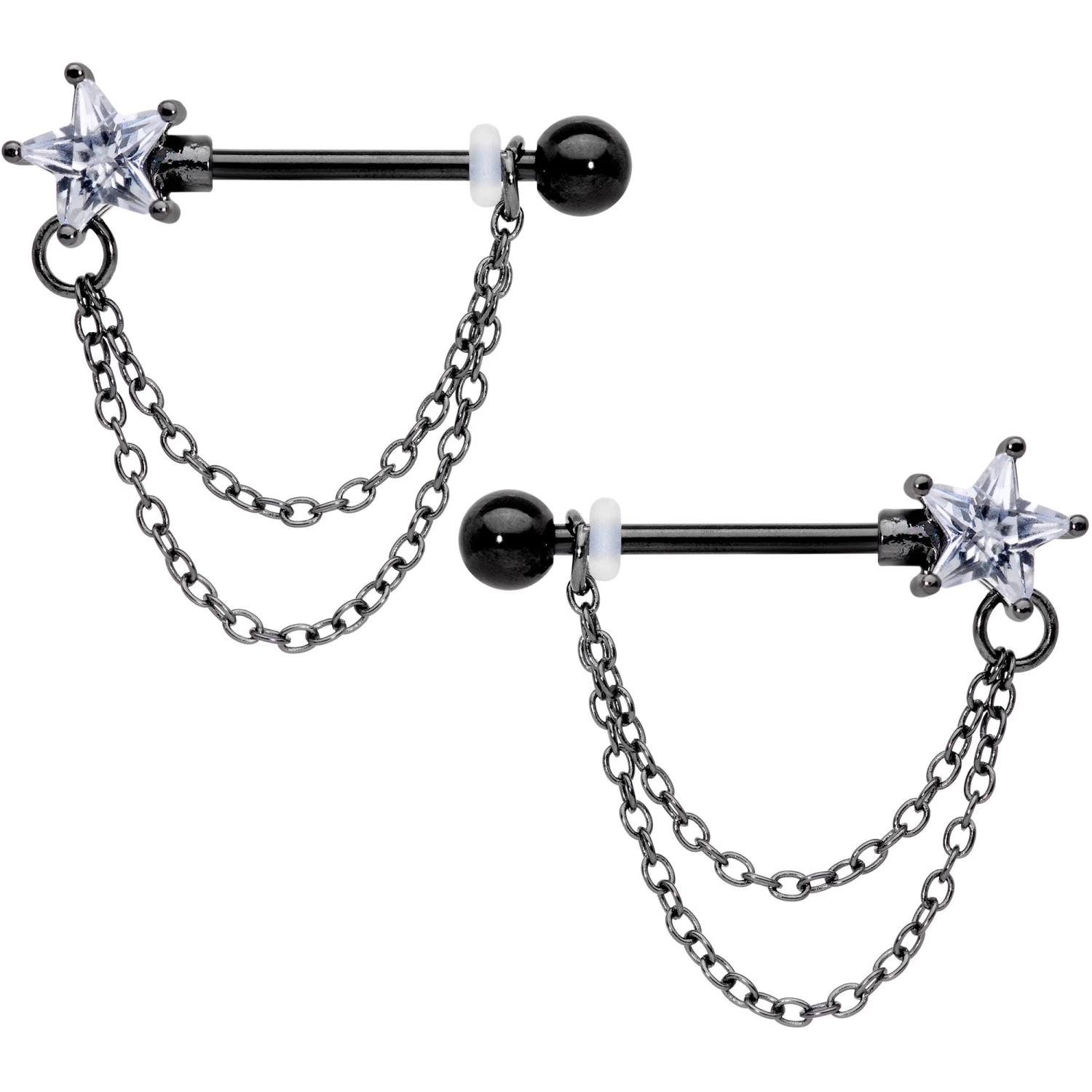 Gaby 14 Gauge 5/8 Clear CZ Star Gem Black Chain Dangle Nipple Ring Set 1 Gaby 14 Gauge 5/8 Clear CZ Star Gem Black Chain Dangle Nipple Ring Set
