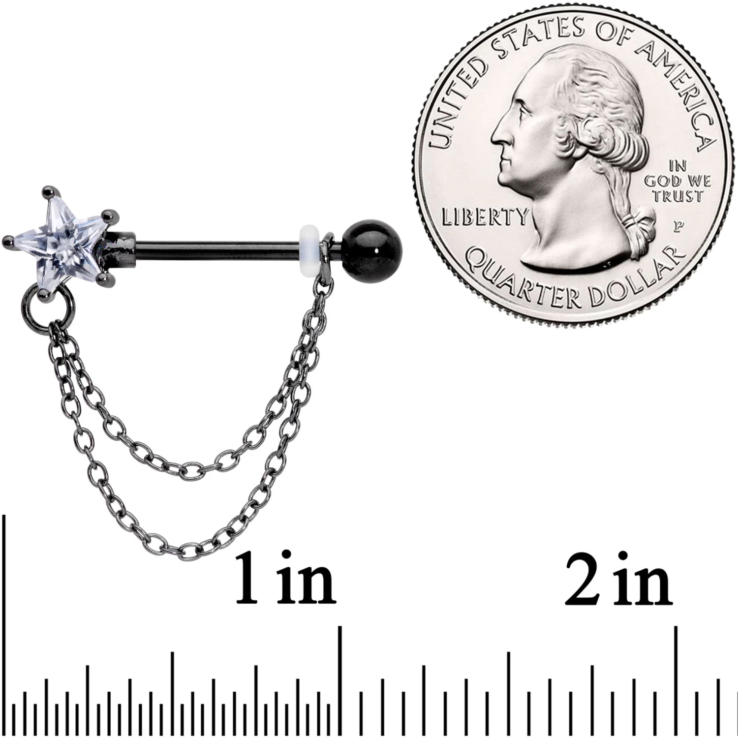 Gaby 14 Gauge 5/8 Clear CZ Star Gem Black Chain Dangle Nipple Ring Set 2 Gaby 14 Gauge 5/8 Clear CZ Star Gem Black Chain Dangle Nipple Ring Set - Image 2
