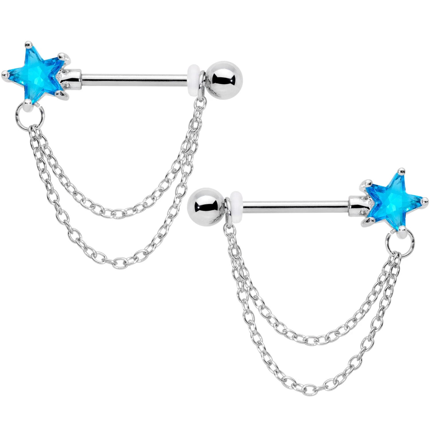 Gaby 14 Gauge 5/8 Aqua CZ Star Gem Chain Dangle Nipple Ring Set 1 Gaby 14 Gauge 5/8 Aqua CZ Star Gem Chain Dangle Nipple Ring Set