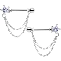 Gaby 14 Gauge 5/8 Clear CZ Star Gem Chain Dangle Nipple Ring Set