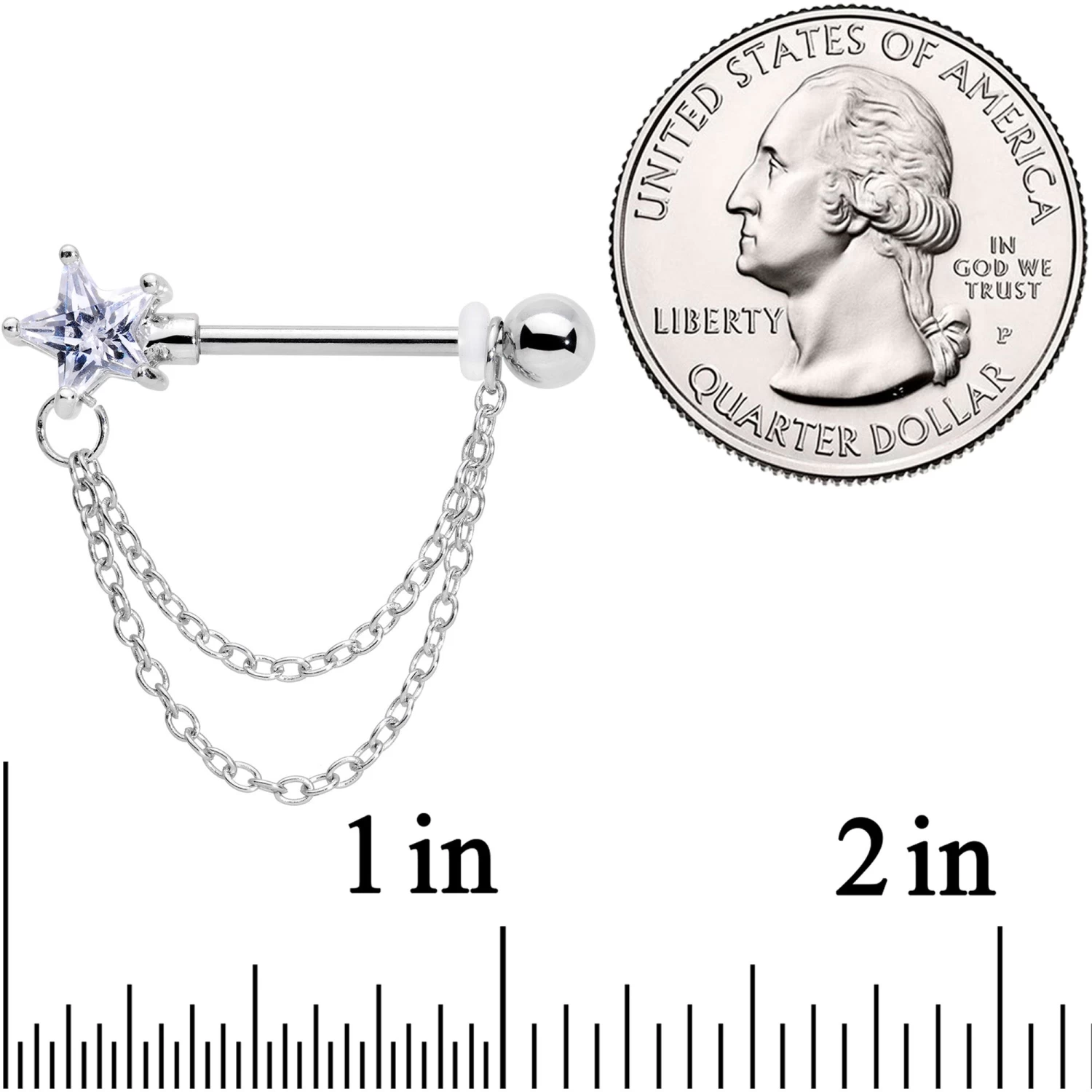 Gaby 14 Gauge 5/8 Clear CZ Star Gem Chain Dangle Nipple Ring Set 3 Gaby 14 Gauge 5/8 Clear CZ Star Gem Chain Dangle Nipple Ring Set - Image 3