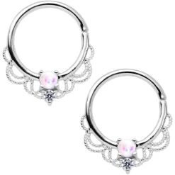 14 Gauge 9/16 White Faux Opal Fancy Nipple Ring Set