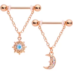 Gaby 14 Gauge 5/8 Aurora Gem Rose Gold Tone Moon Sun Dangle Nipple Ring Set